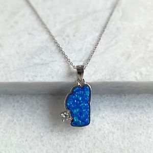 Lake Tahoe Dark Blue Opal Pendant with CZ Stone Choker Necklace